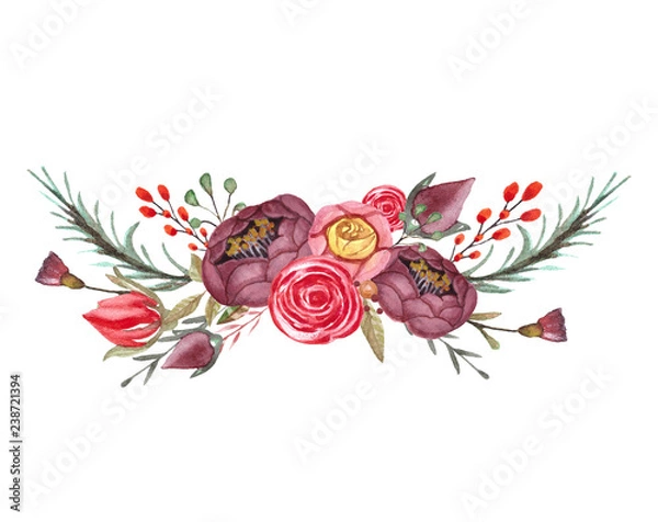 Obraz Watercolor floral bouquet. Composition with flowers isolated on withe background. Template for wedding invitation,greeting card, typography prints.