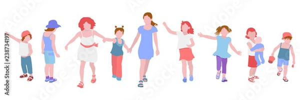 Obraz Children girls play, chat, walk, run, vector illustration in flat style. Set of illustrations of kids activity.