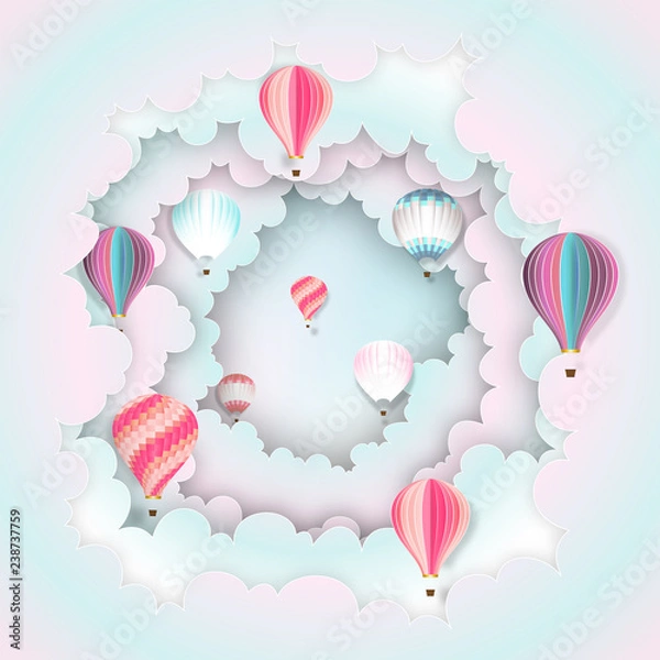 Fototapeta Paper art , cut and craft style of Hot air balloons on the pastel sky background as business and transportation concept. vector illustration.