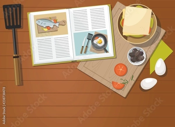 Fototapeta Recipe book, sandwich, egg, Vegetables with spinach, Top view.  