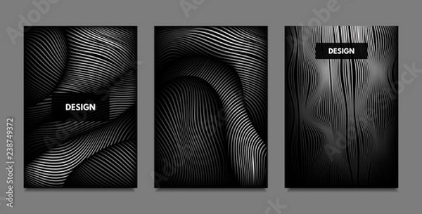 Obraz Distortion of Lines. Abstract Backgrounds with Vibrant Gradient and Wavy Stripes. Monochrome Cover Templates Set with Volume and Metallic Effect. Distorted Shapes for Business Presentation, Brochure.