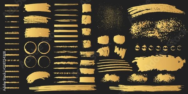 Obraz Big collection of hand drawn golden grunge torn box shapes. Vector isolated background. Edge gold frames. Distressed brush strokes, blots, borders and rough dividers.