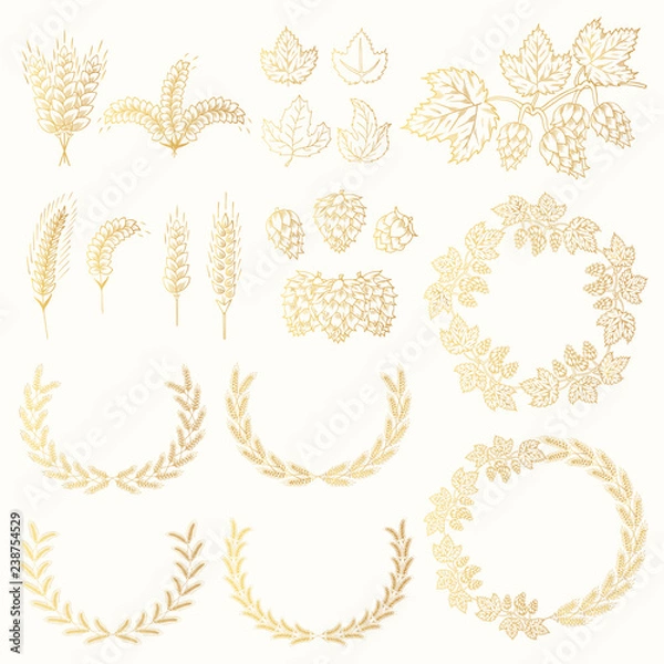 Fototapeta Set of golden award laurel wreath with barley, malt, rye, wheat ears, hop cone and leaves for label design. Winner beer frames. Vector isolated illustration.