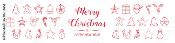 Fototapeta Concept of Christmas greeting card with hand drawn decorations. Vector.