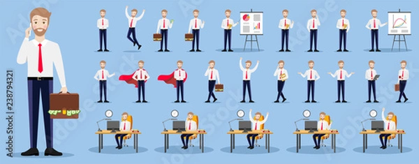 Fototapeta Set of businessman characters on a blue background in various poses. Flat illustrations on blue background.