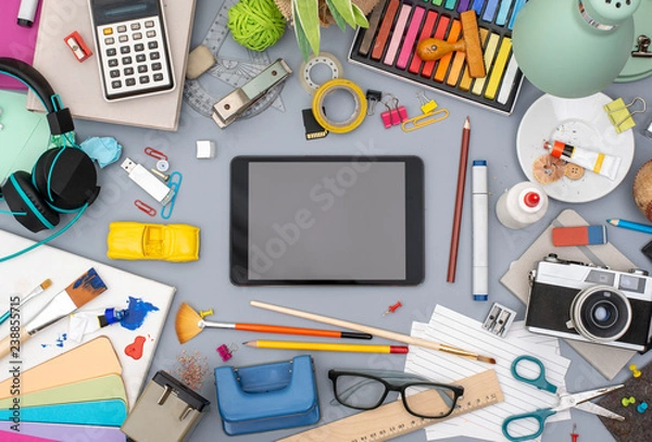Fototapeta top view creative retro web design desk. Art and hobby items.