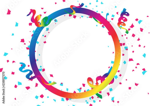 Fototapeta Confetti celebration, ribbons and paper scatter falling with circular ring spectrum rainbow frame using for holidays concept on white space abstract background vector illustration