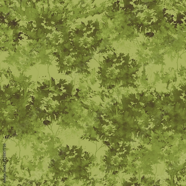 Fototapeta Watercolor seamless pattern, background with vintage pattern. green,   yellow bush, tree, beautiful autumn landscape in green color. Stylish fashion illustration.