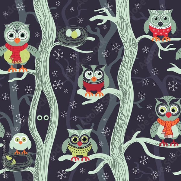 Fototapeta Owls in winter seamless pattern. Seamless Christmas pattern in Scandinavian style. Owls on a tree in a winter forest. Birds waiting for christmas. Vector background for fabric, textile, wallpaper