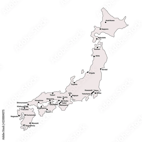 Fototapeta Japan outline map with stroke isolated on white background with major cities
