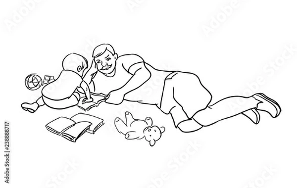 Fototapeta Father is playing with his son. Father is talking with toddler. Family time vector illustration, concept of happy parenting and childhood. Line art style	