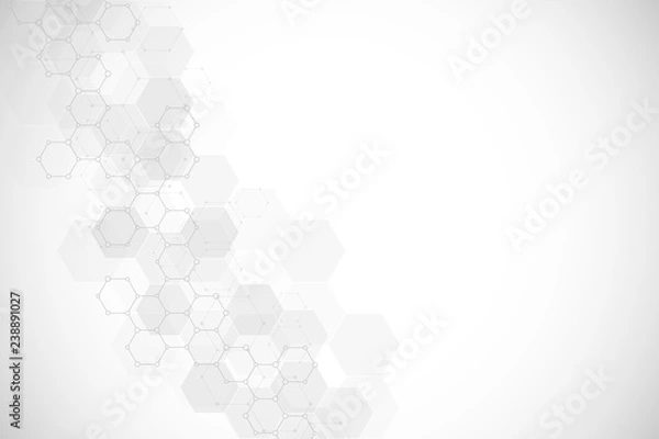 Fototapeta Geometric background texture with molecular structures and chemical engineering. Abstract background of hexagons pattern. Vector illustration for medical or scientific and technological modern design.