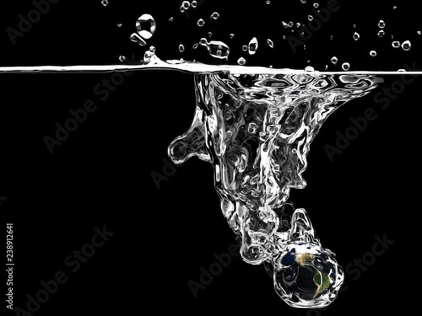 Fototapeta Earth  falls deeply under water with a big splash. isolated on black background , 3D rendering