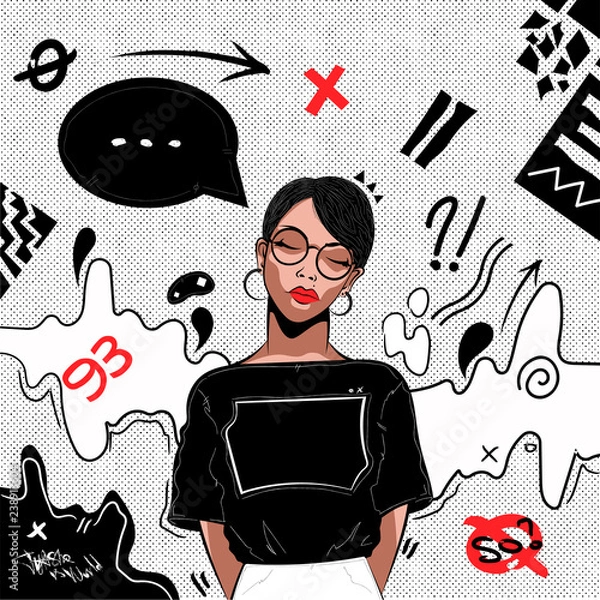 Fototapeta Girl with red lips deep in thought, modern grunge background. Vector illustration