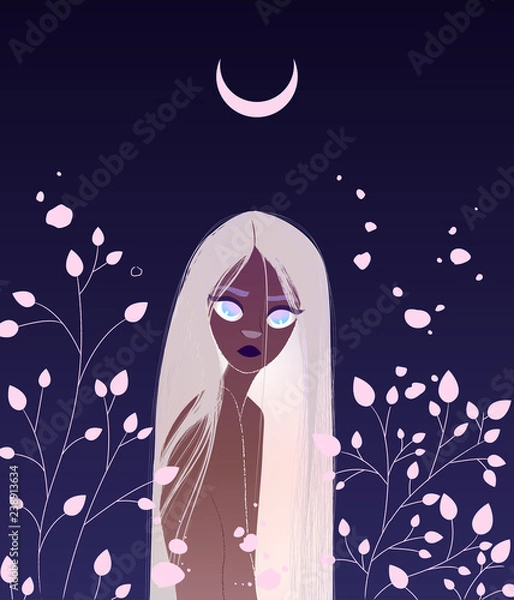 Fototapeta Beautiful moon girl with pearl hair, magic character. Vector. Isolated on gradient background.