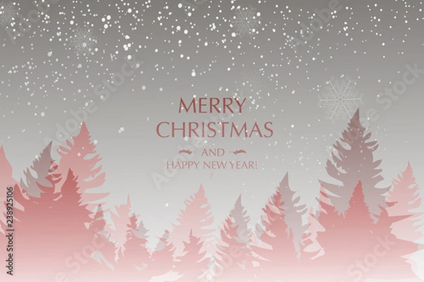 Fototapeta Winter landscape background with falling snow, spruce forest silhouette