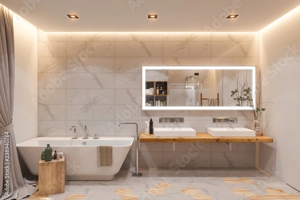 Fototapeta Interior design of a bathroom, 3d illustration in a Scandinavian s