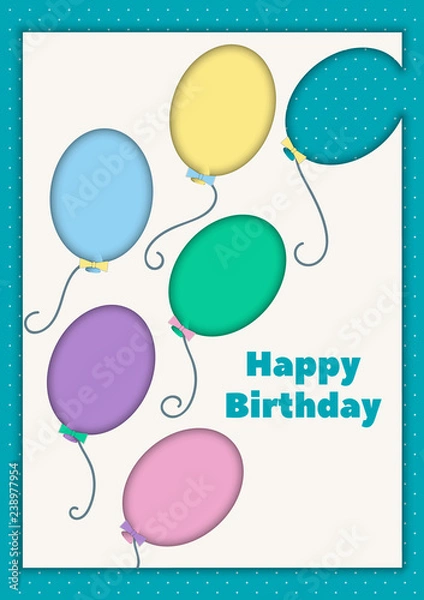 Fototapeta Postcard with colorful balloons. Birthday greetings. Vector illustration in art style paper cut.