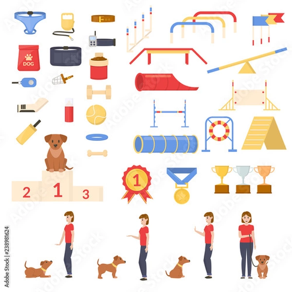 Obraz Set of dog care, playing, nutrition, exhibition and training object. Girl with her dog. Command.Vector flat