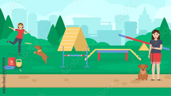 Obraz Dog training park with sport equipment. A womens plaing frisbee with dog . Cynology. Command sit. Flat vector.