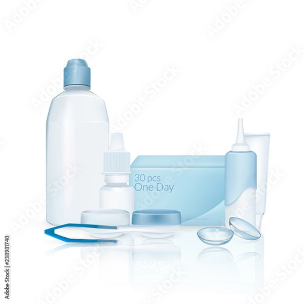Obraz Contact lenses, drops, case, tweezers, daily solution, package. Set of realistic object