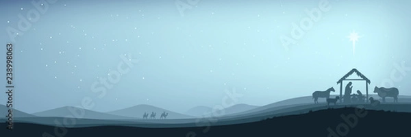 Fototapeta Banner Christian Christmas Nativity Scene of baby Jesus in the manger with Mary and Joseph in silhouette surrounded by animals and the three wise men magi with the city of Bethlehem in the distance