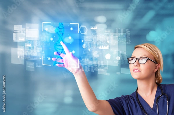 Fototapeta Doctor touching virtual screen with biology and genetic concept