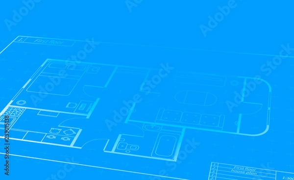 Obraz Engineering scroll with detailed white house plan, building blueprint in perspective