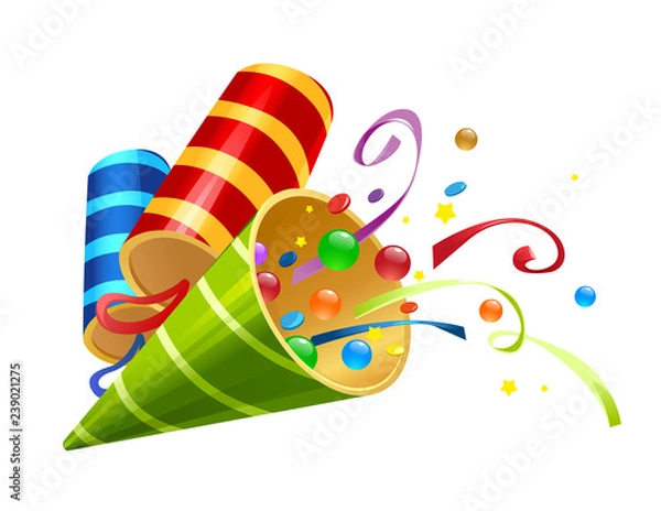 Fototapeta vector illustration of festive clapper bright colors with candy and hat cap