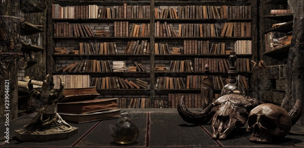 Obraz pokój czarodzieja z biblioteką, starymi książkami, miksturą i strasznymi rzeczami renderowania 3d ilustracja 3d
