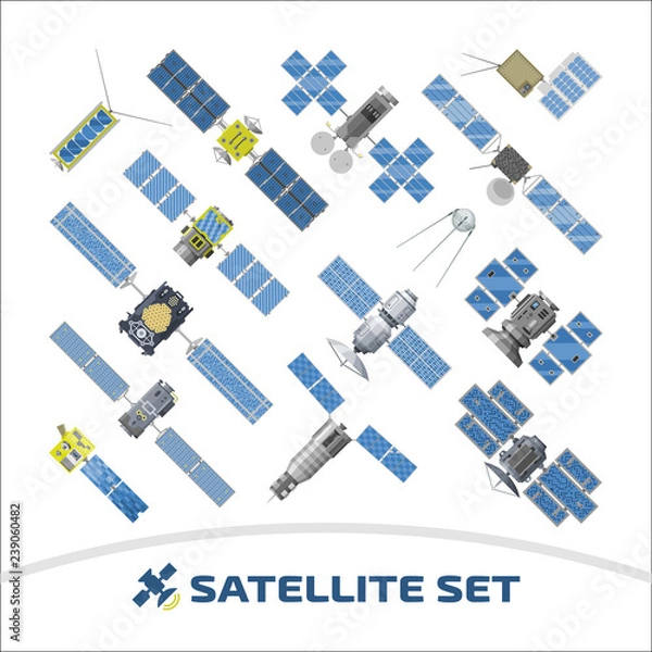 Fototapeta Vector isolated illustration of flat satellite with radar, solar panel and dish on a white background.