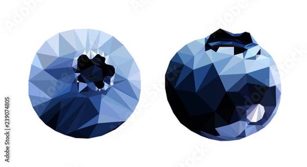 Fototapeta Blueberries tasty and delicious isolated on white. Low poly triangular 3d blueberries in a geometric style. Detailed vector illustration, EPS 10.