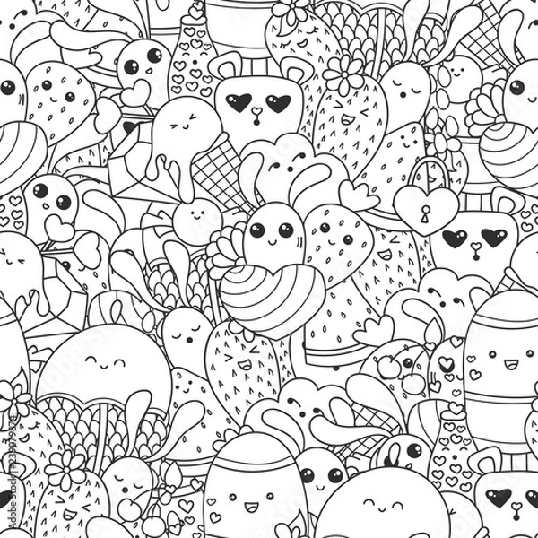 Fototapeta Doodles seamless pattern with ice cream, sweets and kawaii characters. Valentines Day pattern for coloring book or design print. Easy to change color.
