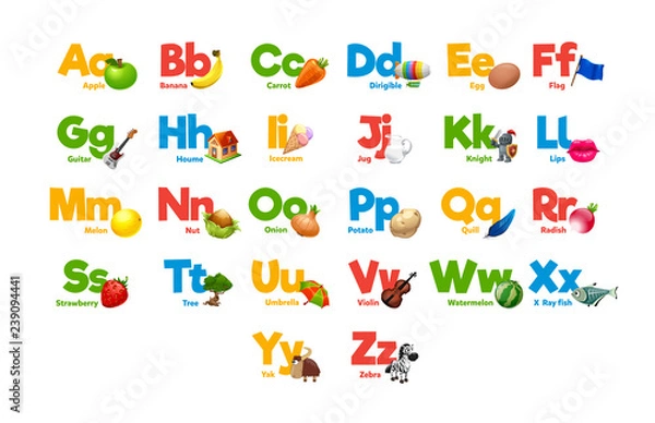 Fototapeta Cute cartoon animals alphabet for children education. Vector illustrations with descriptions. All elements are isolated. Letters and words. Flora, fauna, animals. Learn to read. 