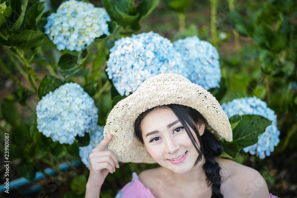 Fototapeta Beautiful girl with a field of hydrangea flowers.