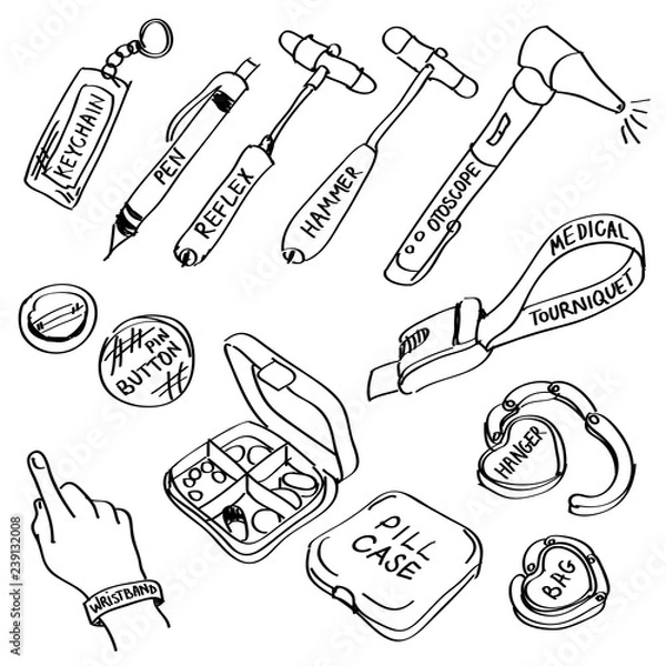 Obraz Set of hand drawn medical supplies doodles isolated on a white background.