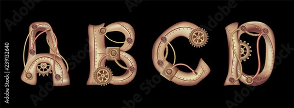 Fototapeta Symbols of the Latin alphabet A B C D. The letters of the English language. Copper and brass steampunk mechanisms with tubes, gears and rivets. Freely editable isolated on black background.