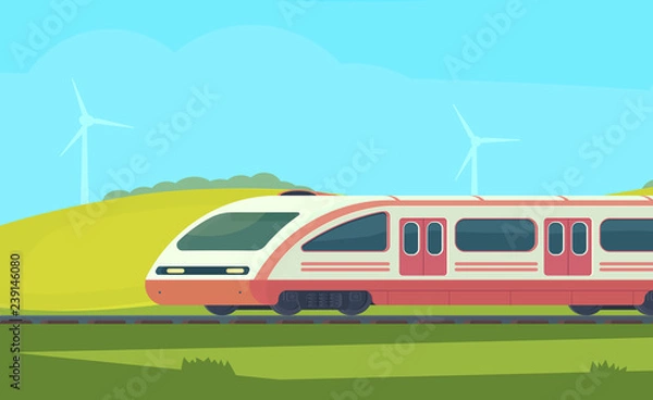 Fototapeta Passanger modern electric high-speed train with nature landscape in a hilly area. Railway transport. Travel by train. Vector flat illustation.