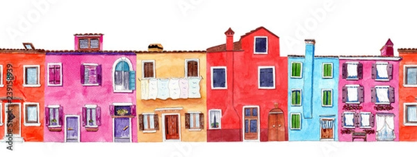 Obraz Seamless border with bright hand painted watercolor cute houses.