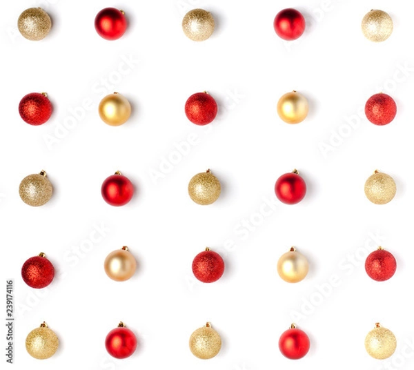 Obraz Christmas or winter composition. Pattern made of red and golden balls on white background. Christmas, winter, new year concept. Flat lay, top view, copy space