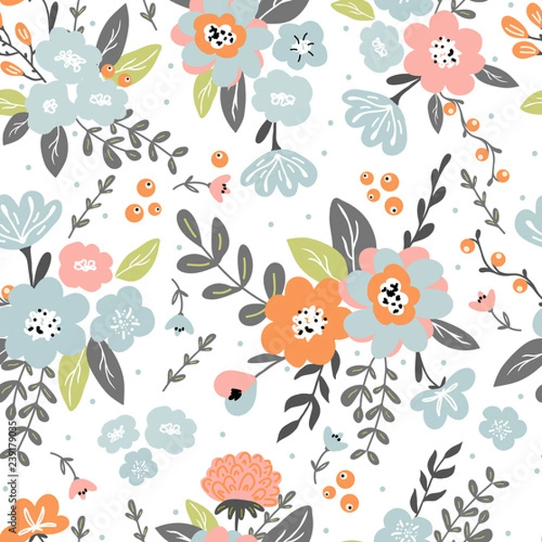 Fototapeta Trendy colorful seamless floral pattern with modern simple flowers. Cute repeated pattern for fabric design, wallpaper,wrapping paper