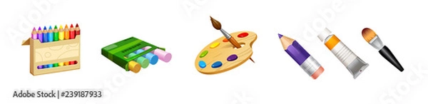 Fototapeta vector set of cute tools the professional artist paint palette crayons, pencils and brushes
