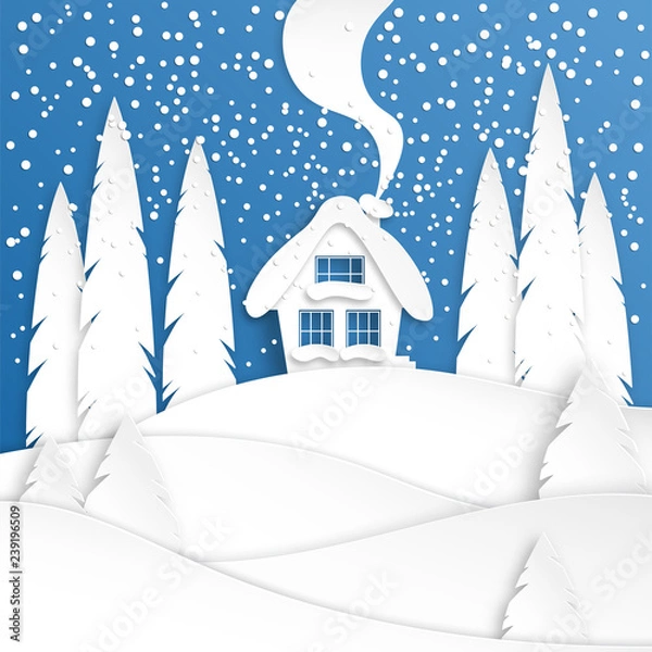 Fototapeta Landscape with a winter house in the snow. Spruce forest. Paper cut design. Merry Christmas and New Year paper art background. Vector illustration.