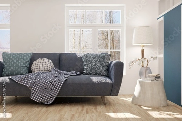 Fototapeta White room with sofa and winter landscape in window. Scandinavian interior design. 3D illustration