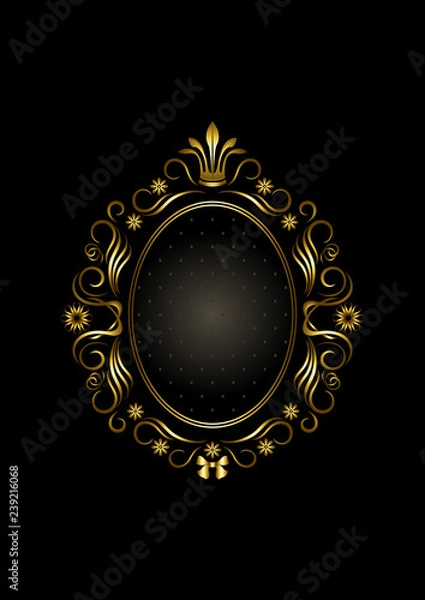 Obraz Gold oval vintage calligraphic frame with flowers and crown around double oval frame on black background
