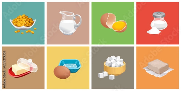 Fototapeta vector set of realistic pitcher of milk butter sugar salt