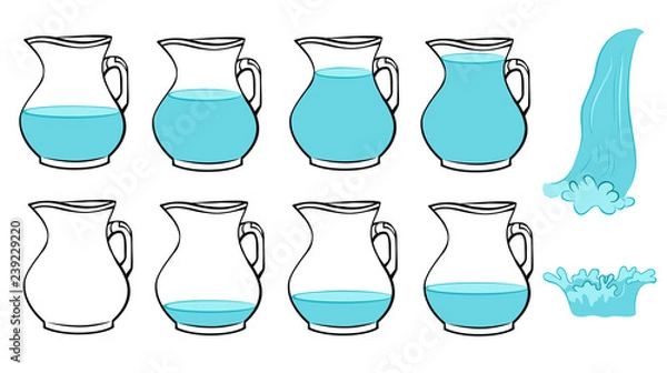 Fototapeta Vector set of frames  full and poor jug, splash water and pouring