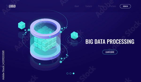 Obraz Big data isometric, science of digital technology, server room, database icon datacenter, creative illustration, incubator cloud computing dark neon