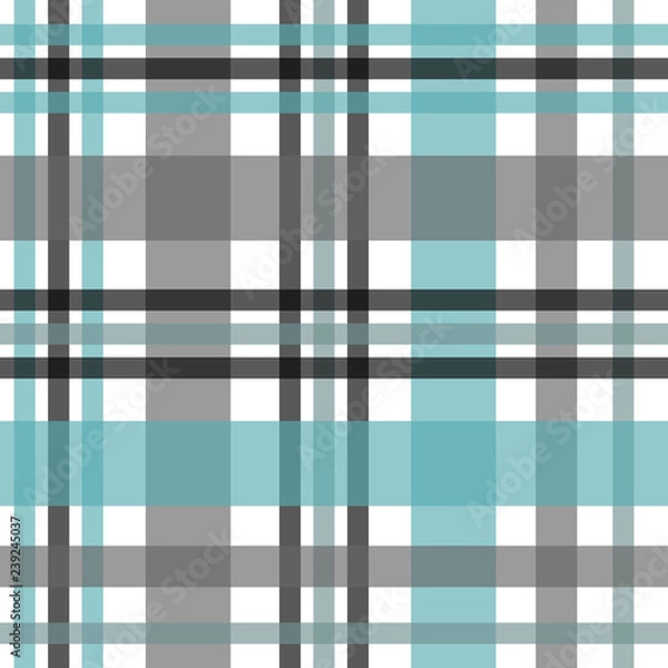 Fototapeta Seamless tartan plaid pattern. Checkered fabric texture print in stripes of bright blue, teal black, teal blue and white.