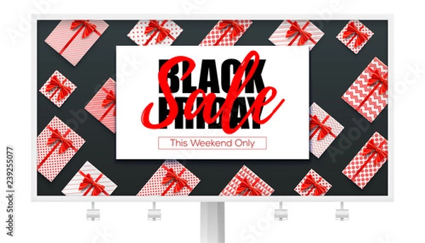 Fototapeta Billboard with ads of Black Friday sale for retail, shopping, Christmas promotion. Gift boxes, red ribbon and bow on black. Present boxes wrapped in paper with patterns Vector 3d illustration